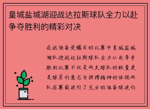 皇城盐城湖迎战达拉斯球队全力以赴争夺胜利的精彩对决