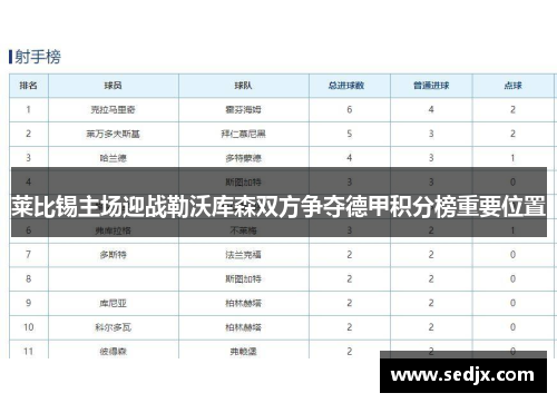 莱比锡主场迎战勒沃库森双方争夺德甲积分榜重要位置