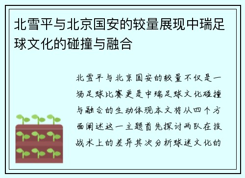 北雪平与北京国安的较量展现中瑞足球文化的碰撞与融合